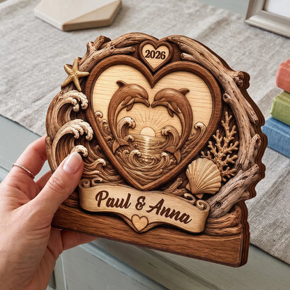 Two Dolphins Endless Love Personalized Wooden Block - Custom Anniversary Gift for Couples