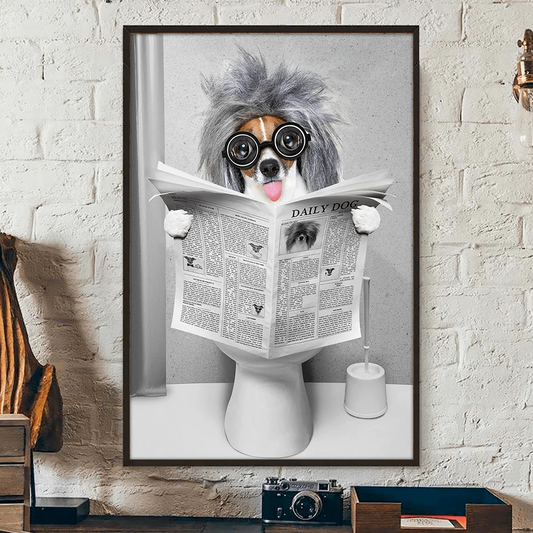 Personalized dog dad poster and custom cat mom canvas with funny pet reading newspaper in toilet scene