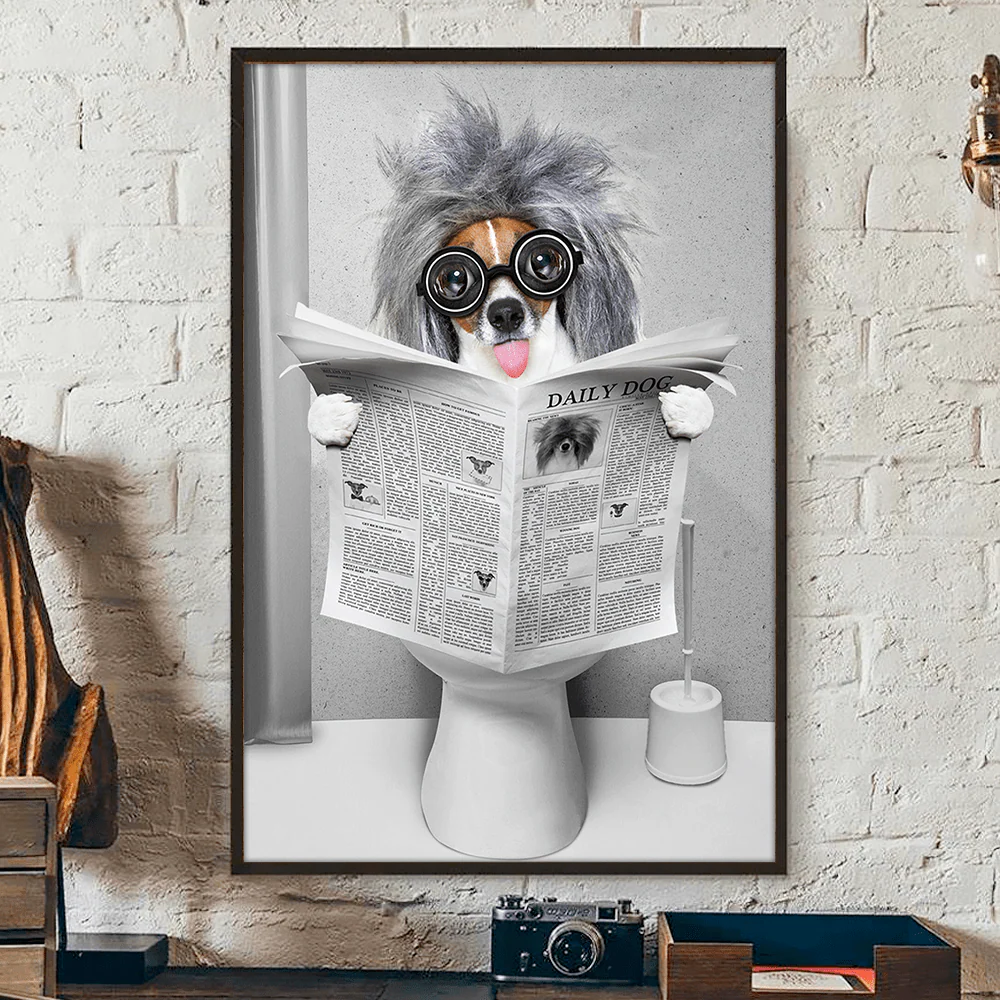 Personalized dog dad poster and custom cat mom canvas with funny pet reading newspaper in toilet scene