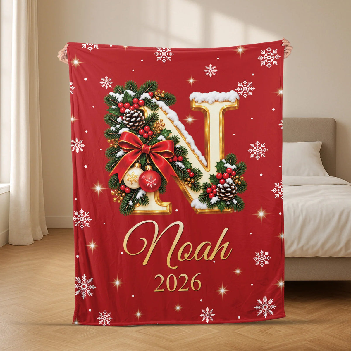 Custom Initial Name Christmas Blanket - Personalized Holiday Keepsake Throw for Kids and Family