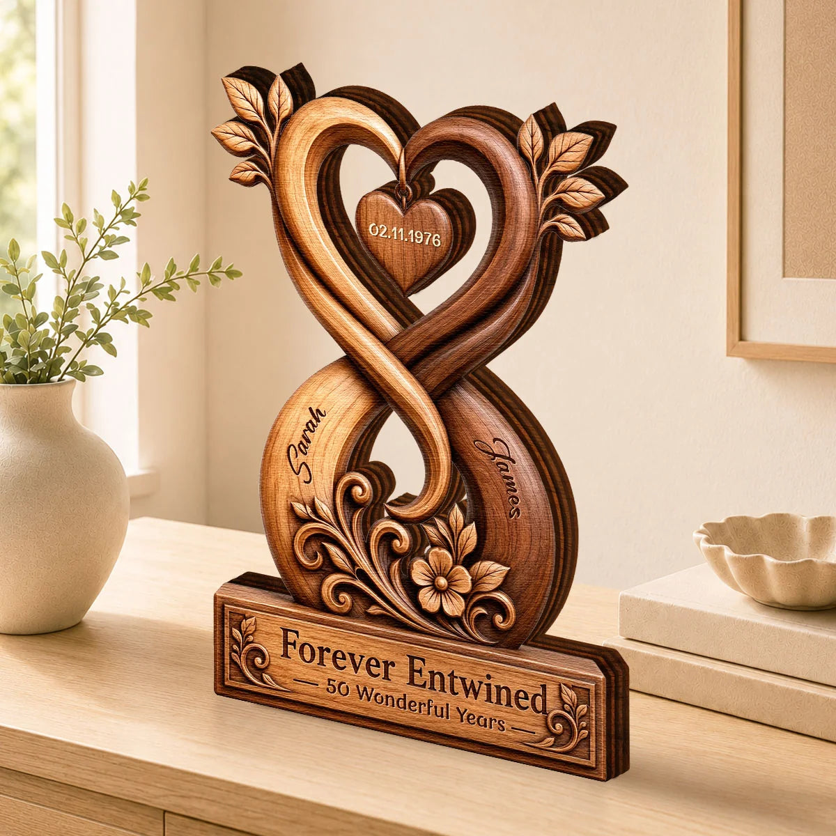 Forever Entwined Infinity Heart Personalized Wooden Block - Anniversary Keepsake for Couples
