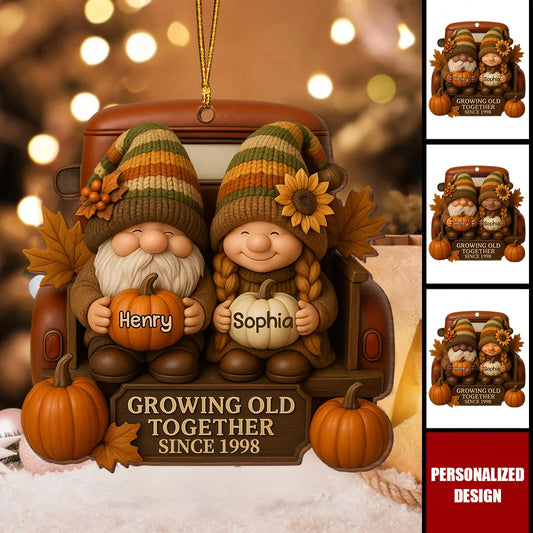 Growing Old Together Personalized Couple Wooden Ornament - Fall Gnome Anniversary Gift
