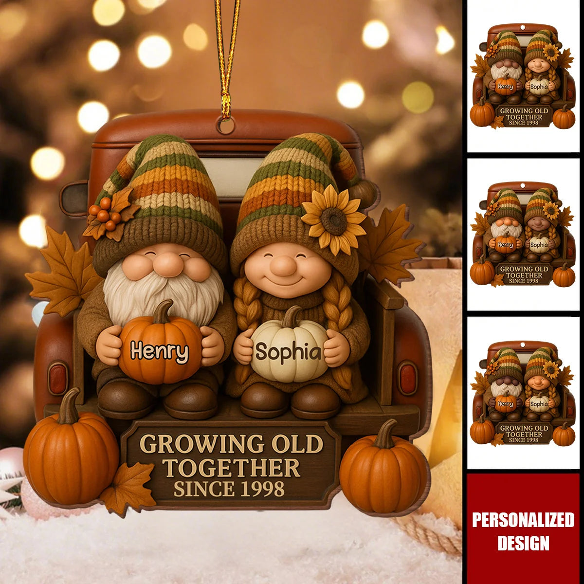Growing Old Together Personalized Couple Wooden Ornament - Fall Gnome Anniversary Gift