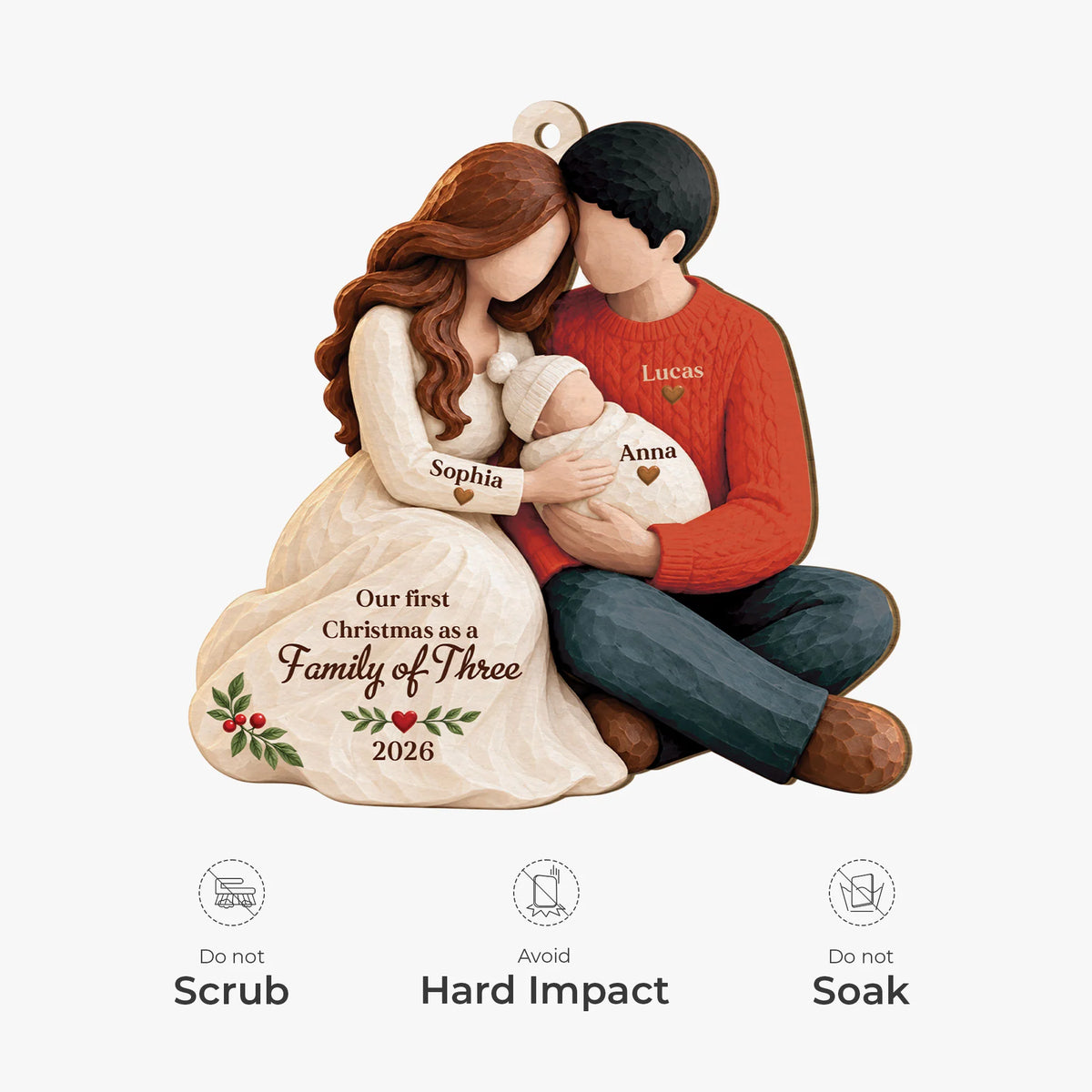 Our First Christmas as a Family of Three - Personalized Wooden Ornament for New Mom Dad Holiday Keepsake