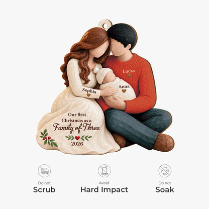 Our First Christmas as a Family of Three - Personalized Wooden Ornament for New Mom Dad Holiday Keepsake