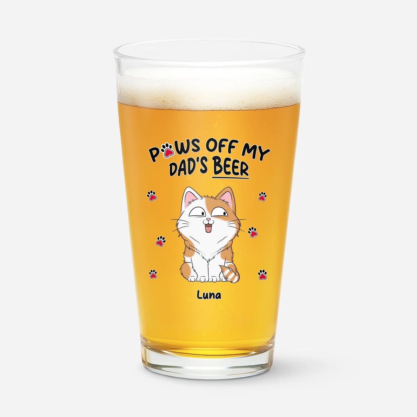 Personalized cat dad beer glass with funny cat illustration and custom name for cat lovers gift