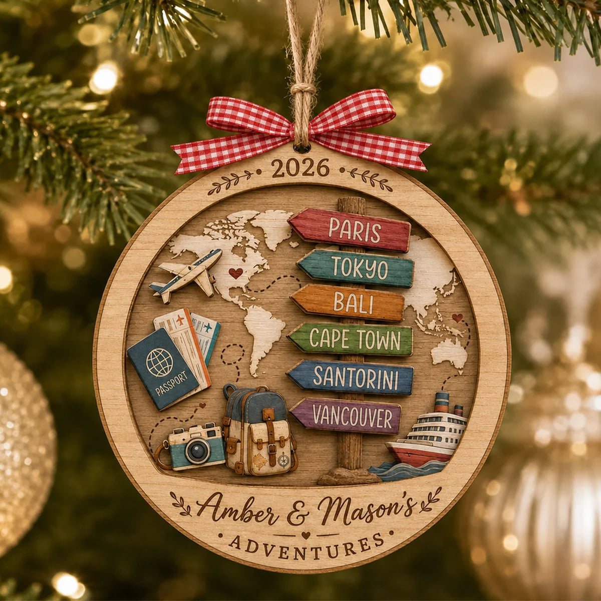 Personalized Travel Adventure Christmas Ornament 2026 - Custom Vacation Keepsake Wooden Gift for Couples and Family