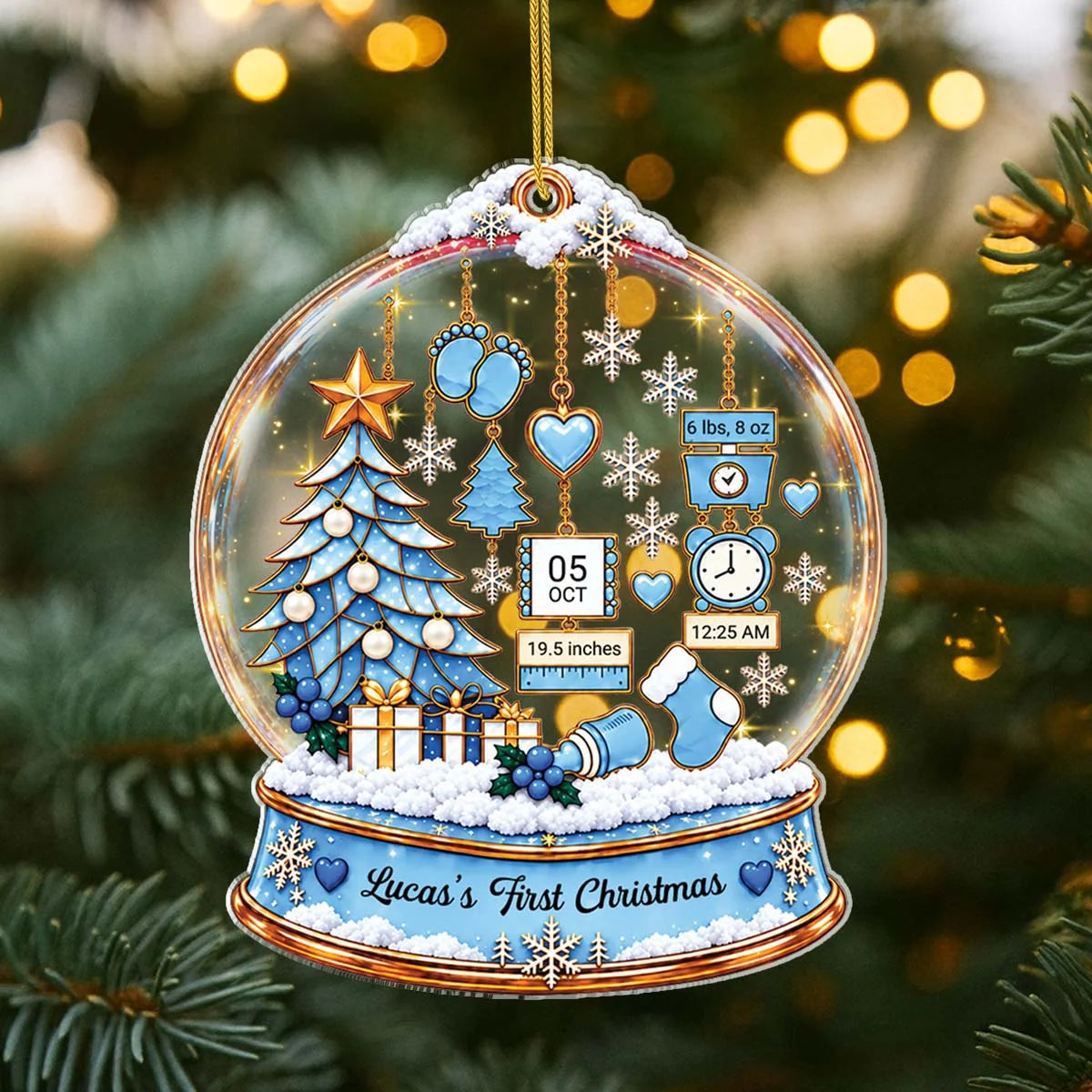 Baby's First Christmas Snow Globe Personalized Acrylic Ornament -Custom Birth Stats Keepsake Gift