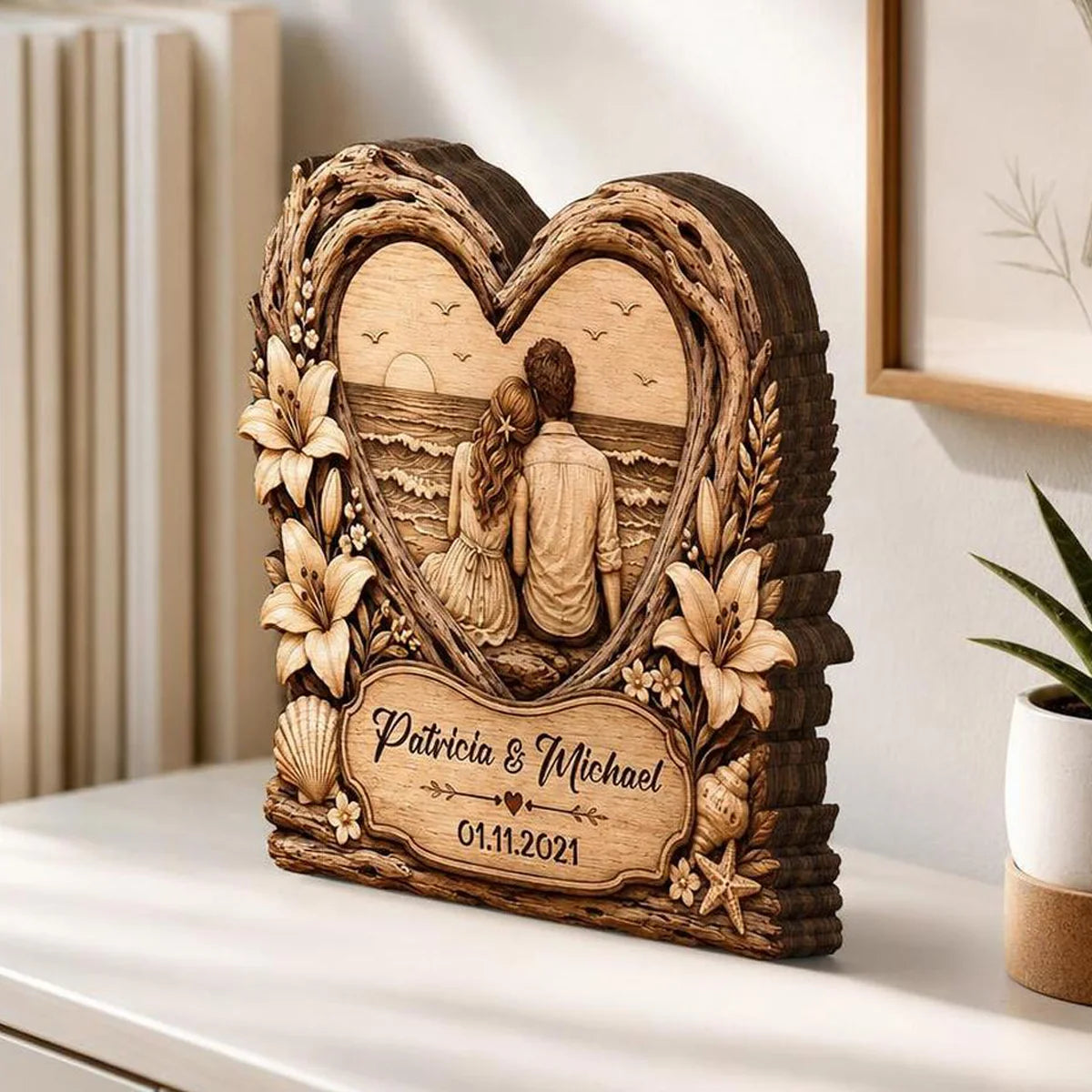 Beach Sunset Couple Heart Personalized Wooden Block - Keepsake Gift for Wife or Husband