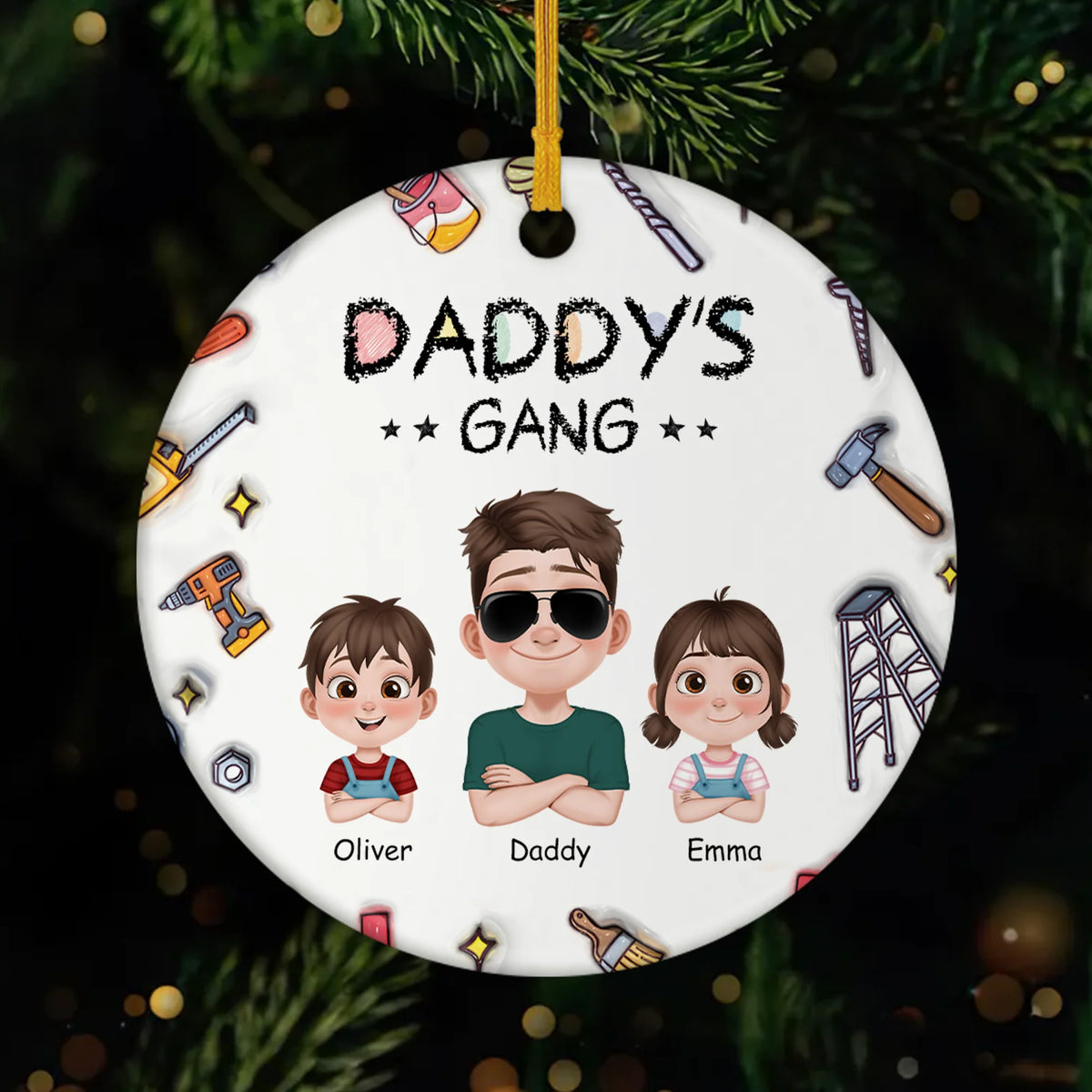 Daddy's Gang Custom Family Cartoon Art - Personalized Ceramic Christmas Ornament for Dad and Grandpa