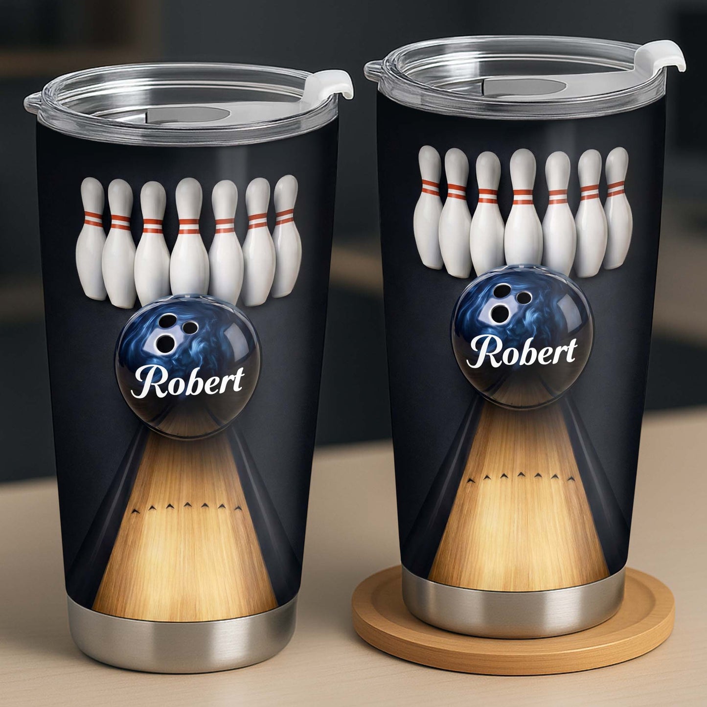 Personalized bowling tumbler with a custom name printed on a blue bowling ball with bowling pins and lane image 9