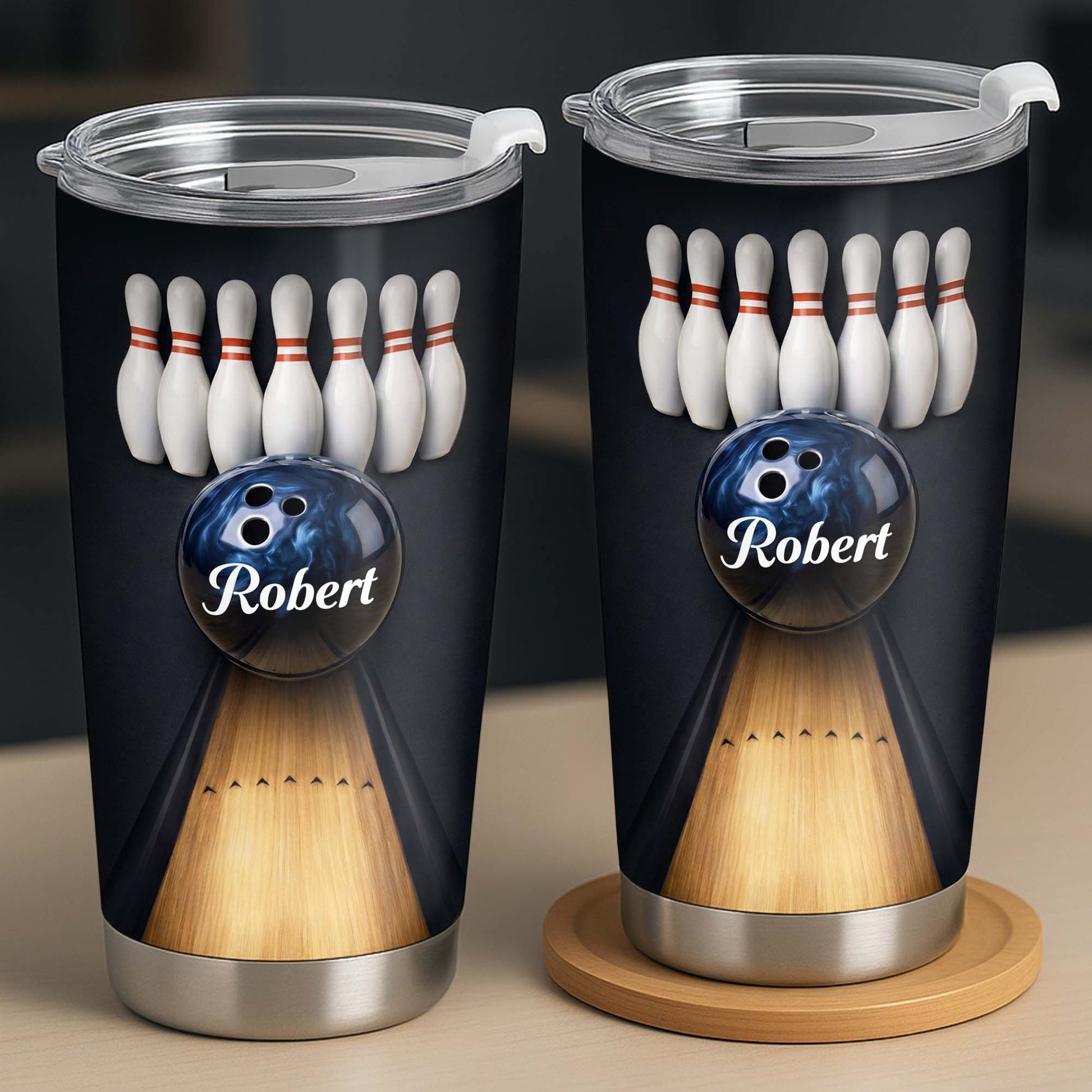 Personalized bowling tumbler with a custom name printed on a blue bowling ball with bowling pins and lane image 9