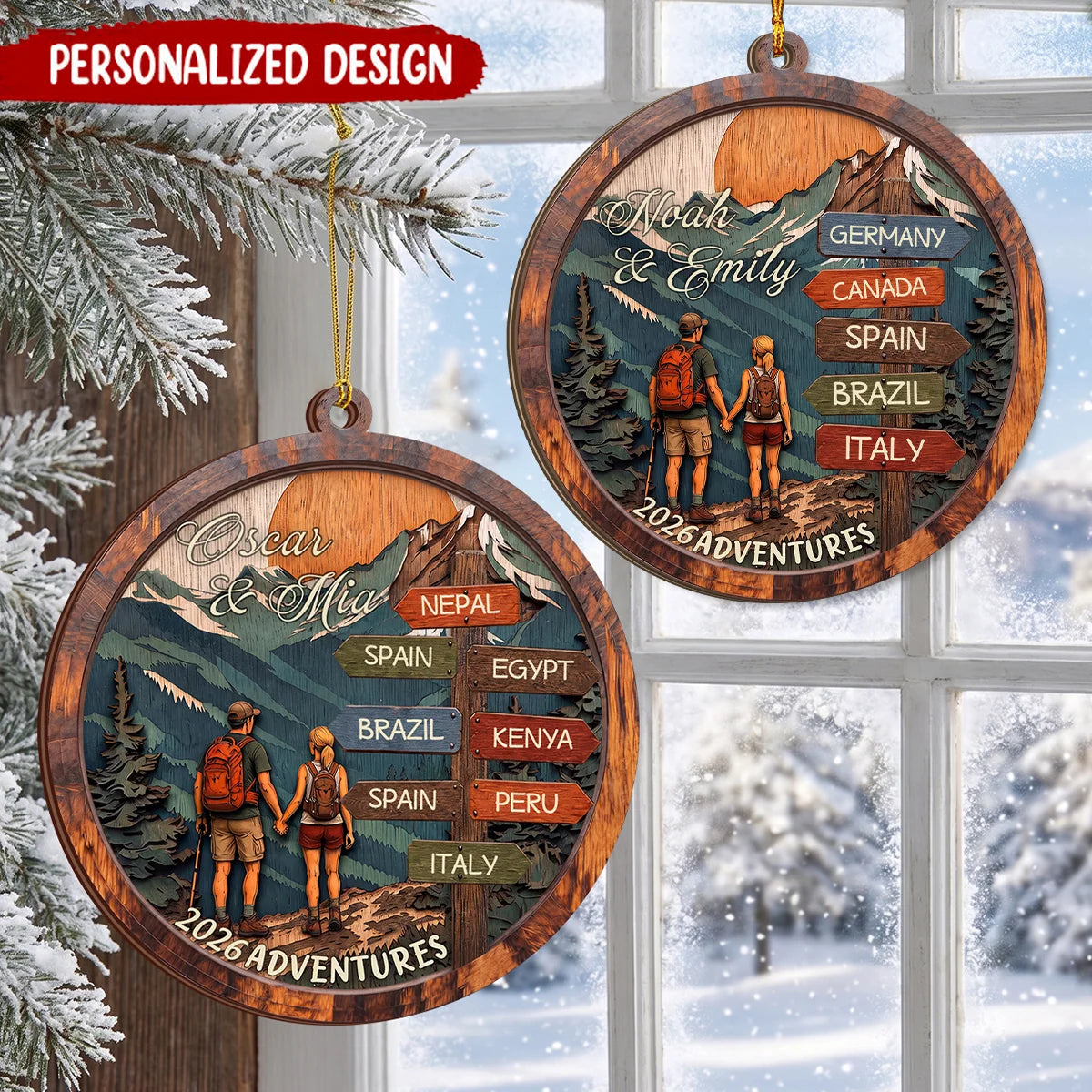 Custom Couple Travel Adventure Wooden Ornament - Personalized World Traveler Keepsake for Couples & Hiking Lovers