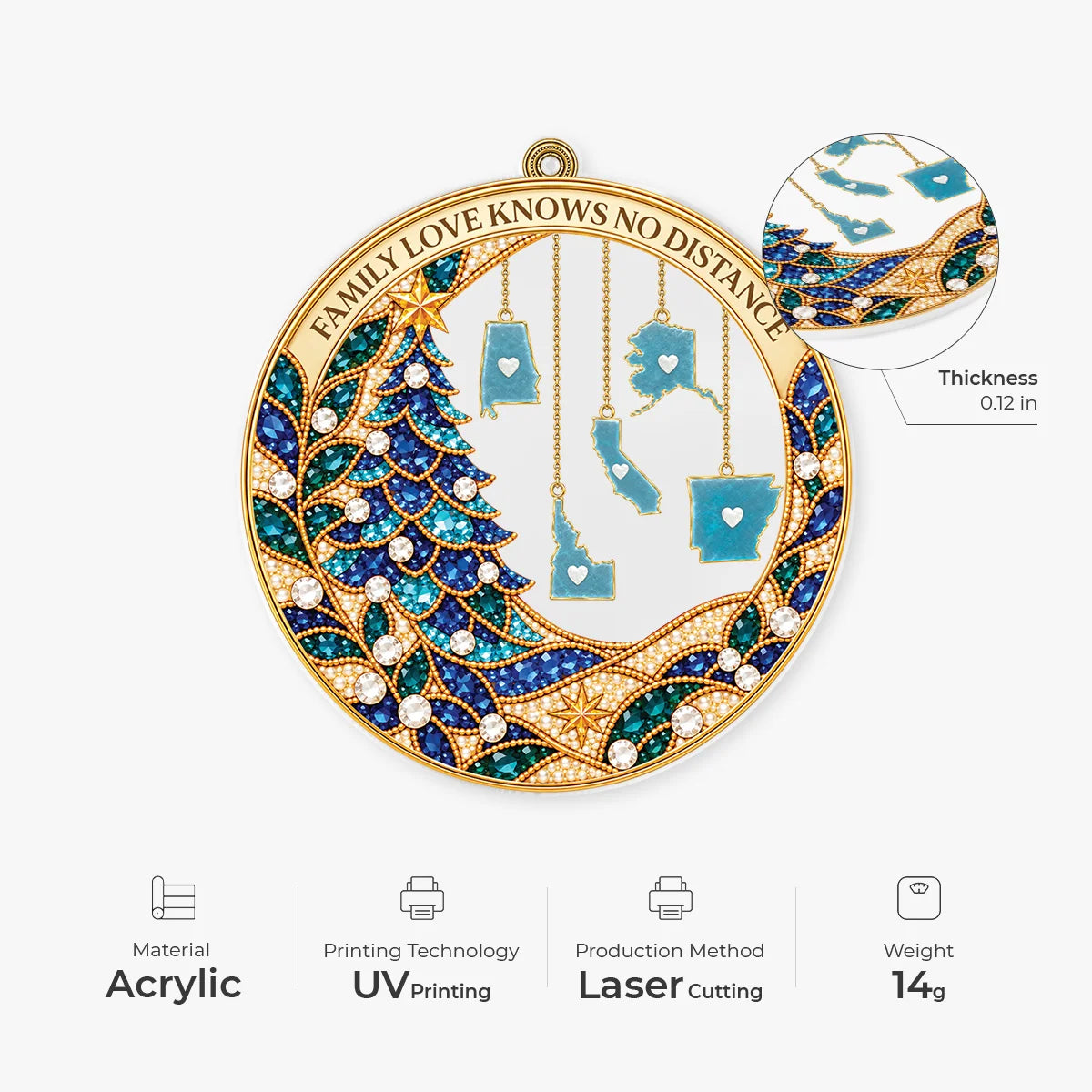 "Family Love Knows No Distance" Personalized Acrylic Ornament - Christmas Gift for Faraway Family