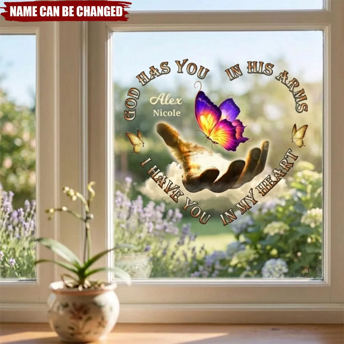 God Has You in His Arms - Personalized Butterfly Memorial Decal for Family Car Window