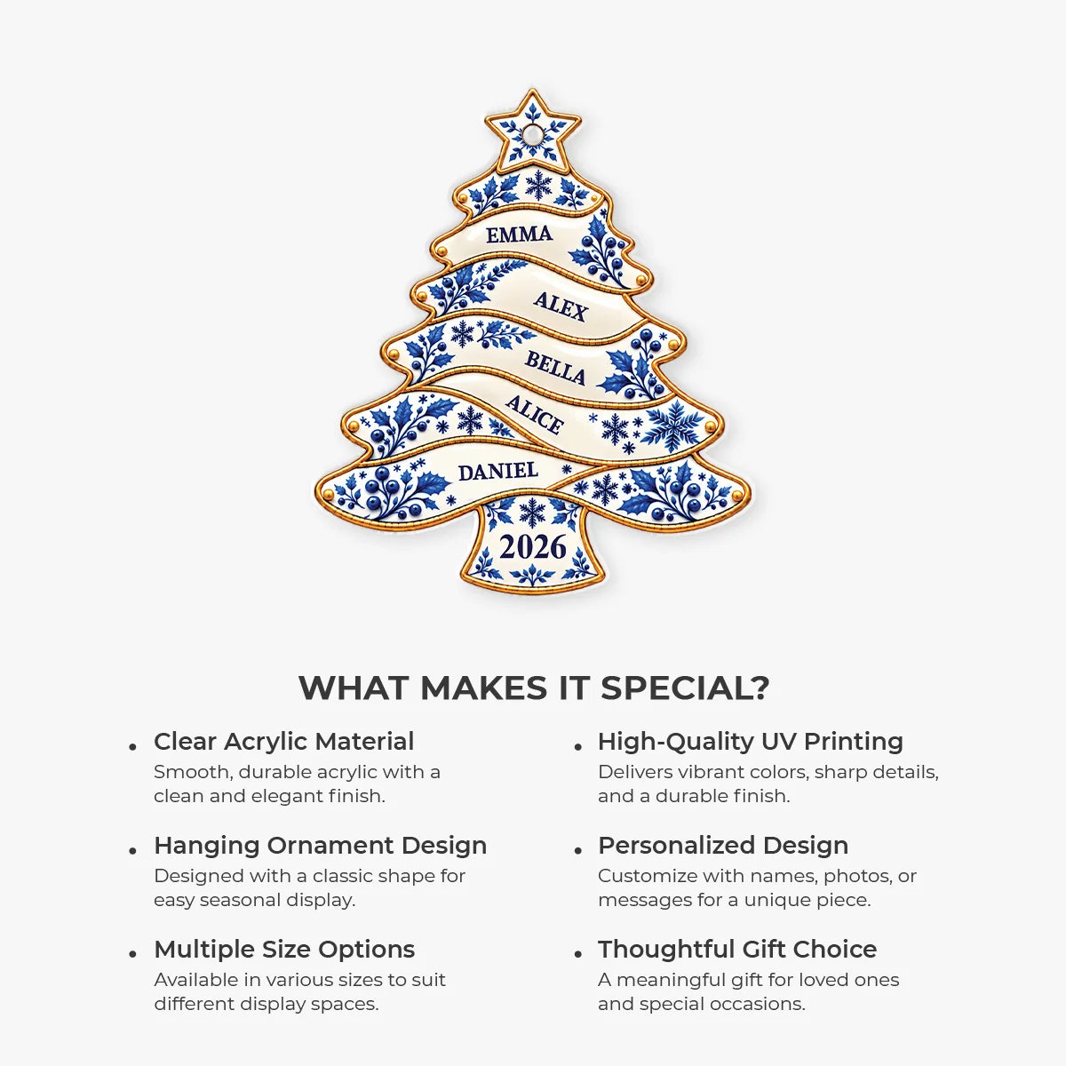 Personalized Family Names Toile De Jouy Christmas Ornament - Custom Acrylic Tree Decoration Keepsake