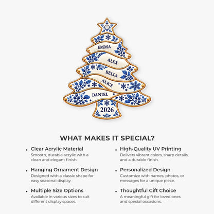 Personalized Family Names Toile De Jouy Christmas Ornament - Custom Acrylic Tree Decoration Keepsake
