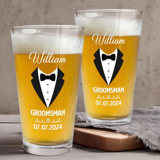 Personalized groomsmen gift featuring a custom 16oz tuxedo beer glass printed with name and wedding date.