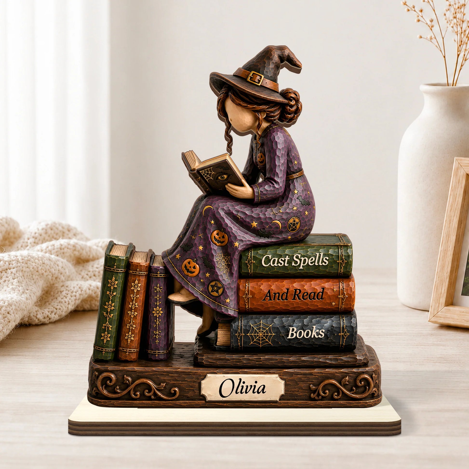 "Just A Witch Who Loves Books" Personalized Wooden Plaque - Custom Halloween Gift for Book Lovers