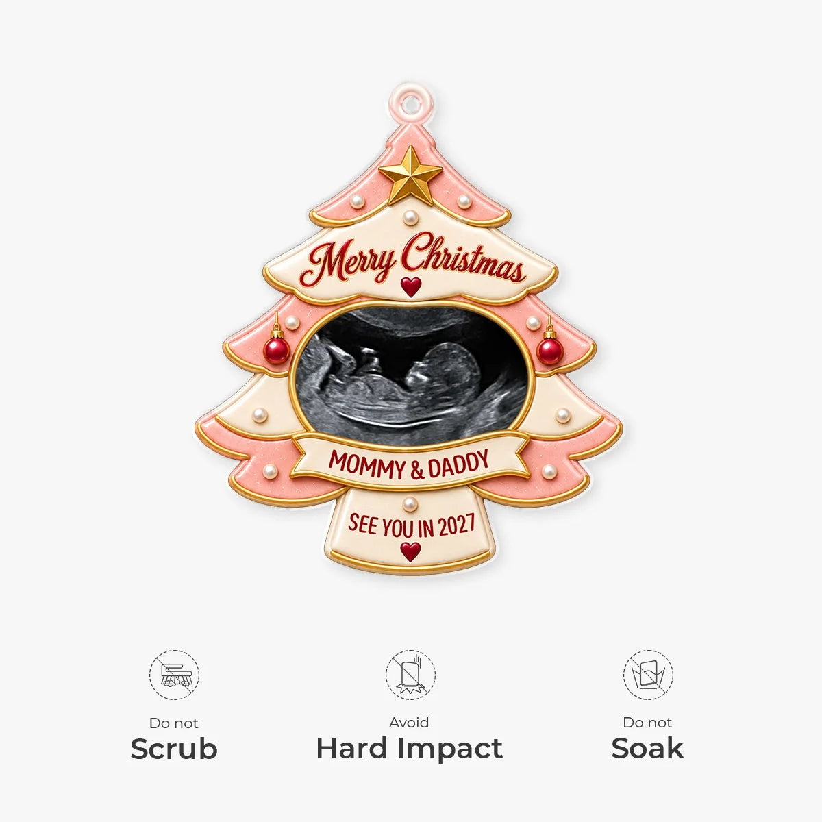 Merry Christmas Mommy and Daddy Custom Photo Acrylic Ornament - Personalized Ultrasound Christmas Gift for Expecting Parents