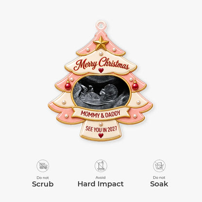 Merry Christmas Mommy and Daddy Custom Photo Acrylic Ornament - Personalized Ultrasound Christmas Gift for Expecting Parents
