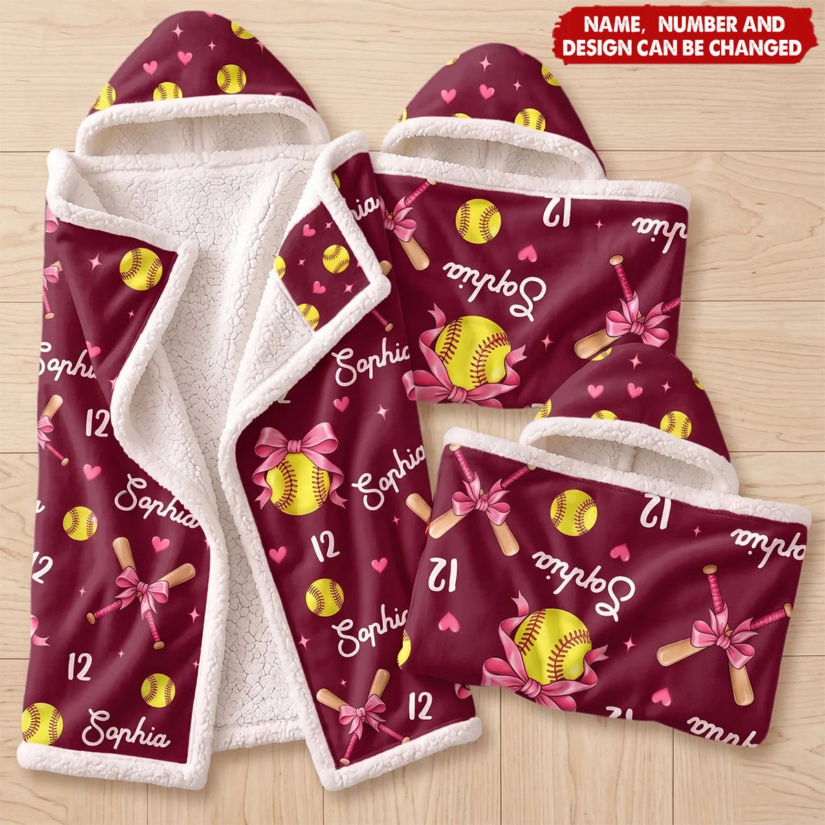 Personalized Softball Player Wearable Hooded Blanket - Custom Name Number Coquette Bow Gift for Girls