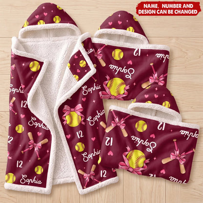 Personalized Softball Player Wearable Hooded Blanket - Custom Name Number Coquette Bow Gift for Girls