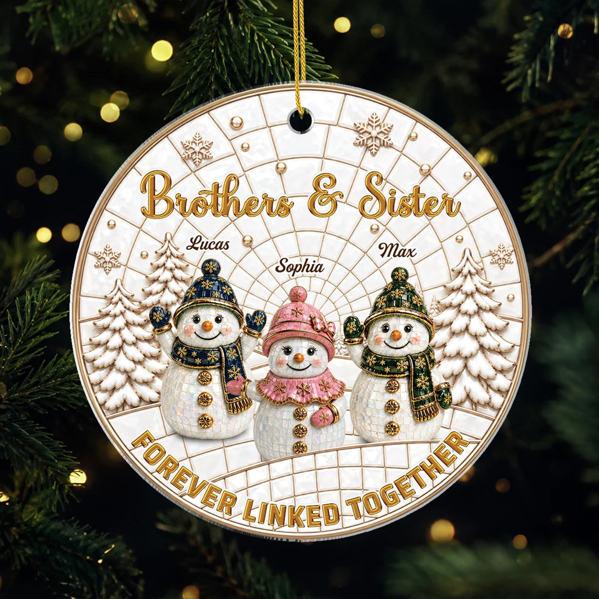 Forever Linked Together Custom Names Snowman Acrylic Ornament - Personalized Siblings Christmas Gift for Brother & Sister