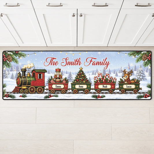 Family Christmas Train Personalized Runner Rug - Custom Holiday Kitchen Floor Mat