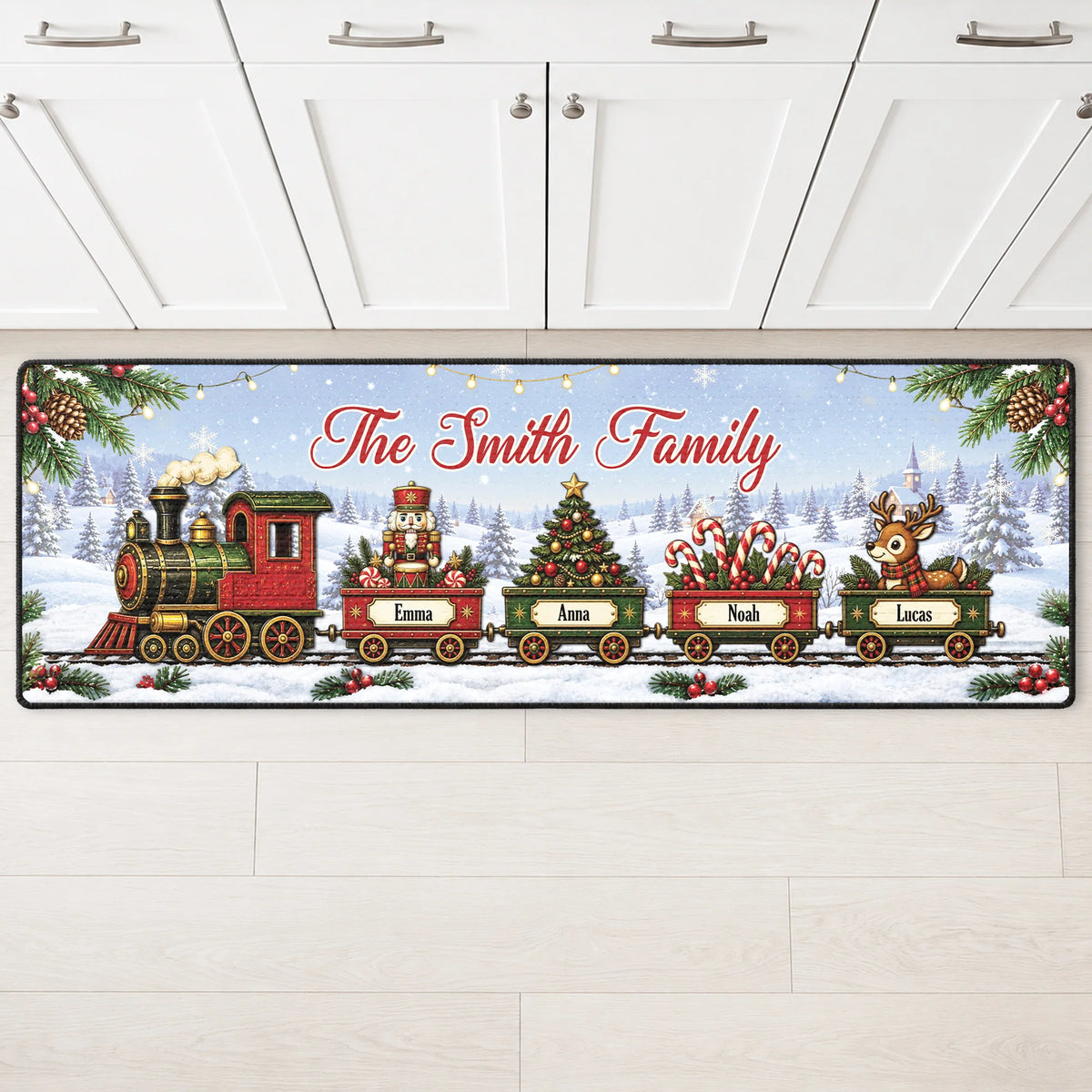 Family Christmas Train Personalized Runner Rug - Custom Holiday Kitchen Floor Mat