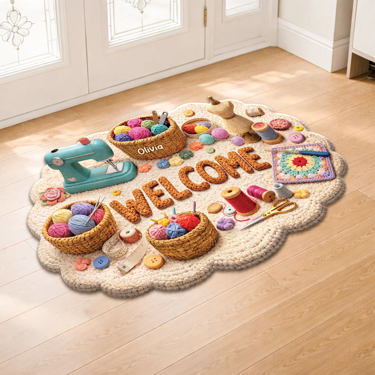 Welcome Sewing & Quilting Personalized Shaped Doormat - Custom Craft Gift for Mom Grandma