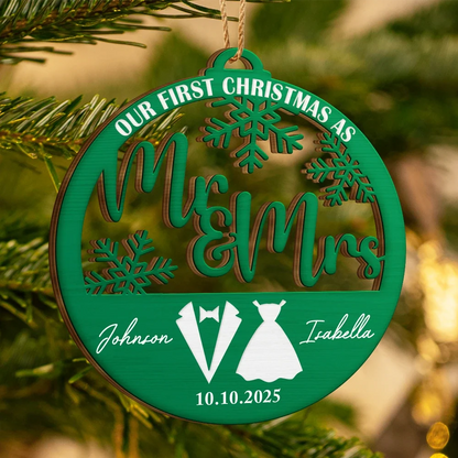 First Christmas Couple Merry & Married - Personalized Custom Shaped Wooden Ornament e53bead2-fe45-4d7c-9235-a283f1271f4a-AT1754-CIN3607-MK-2.png