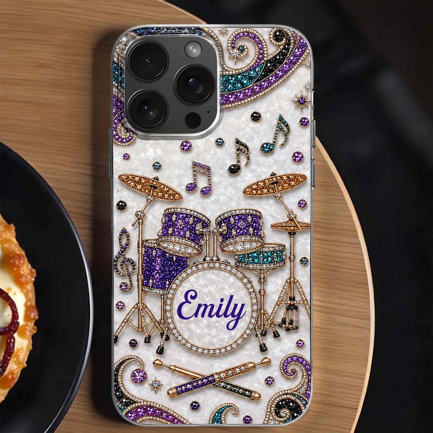 Custom name drum set clear phone case with jewel-embellished music notes for drummers and musicians