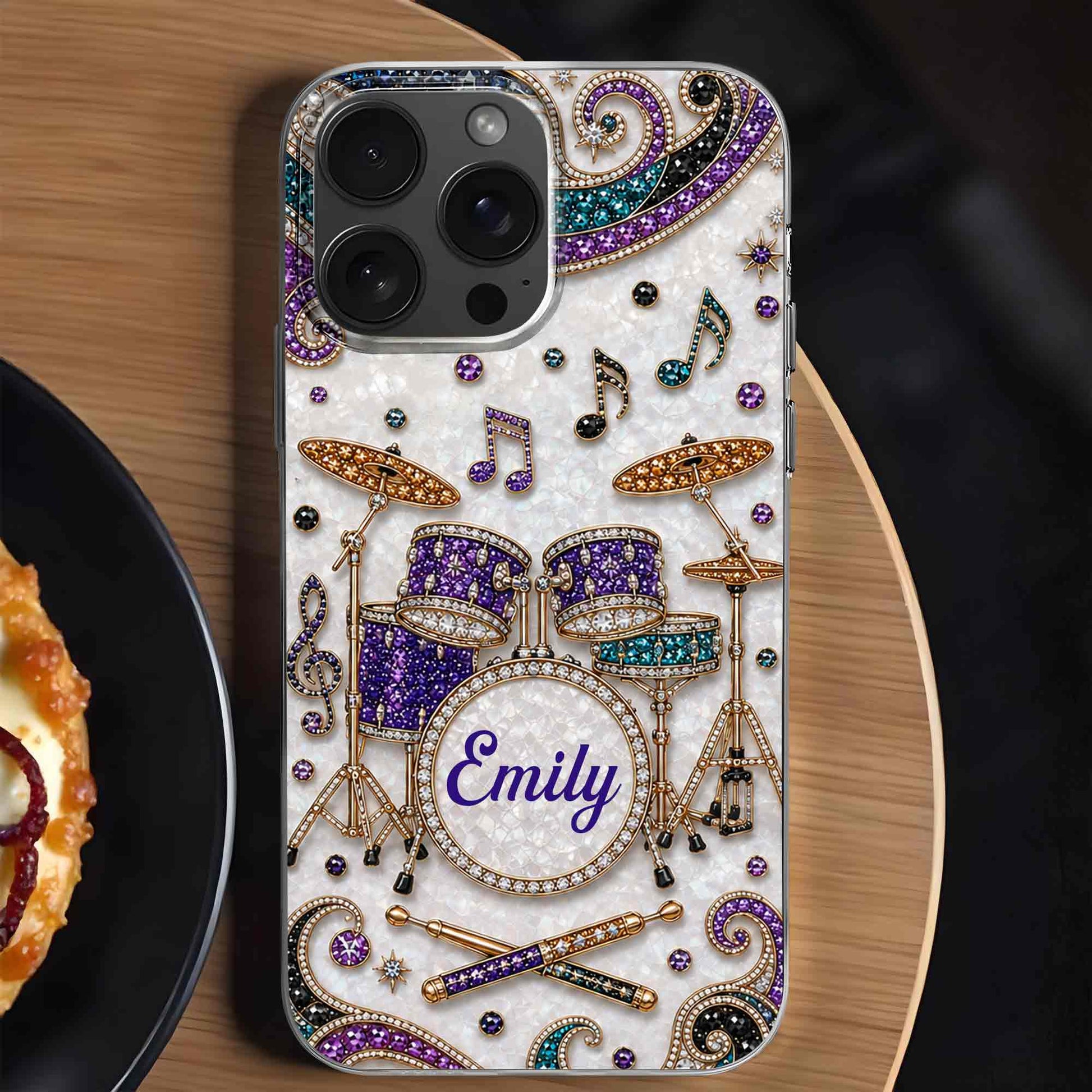 Custom name drum set clear phone case with jewel-embellished music notes for drummers and musicians