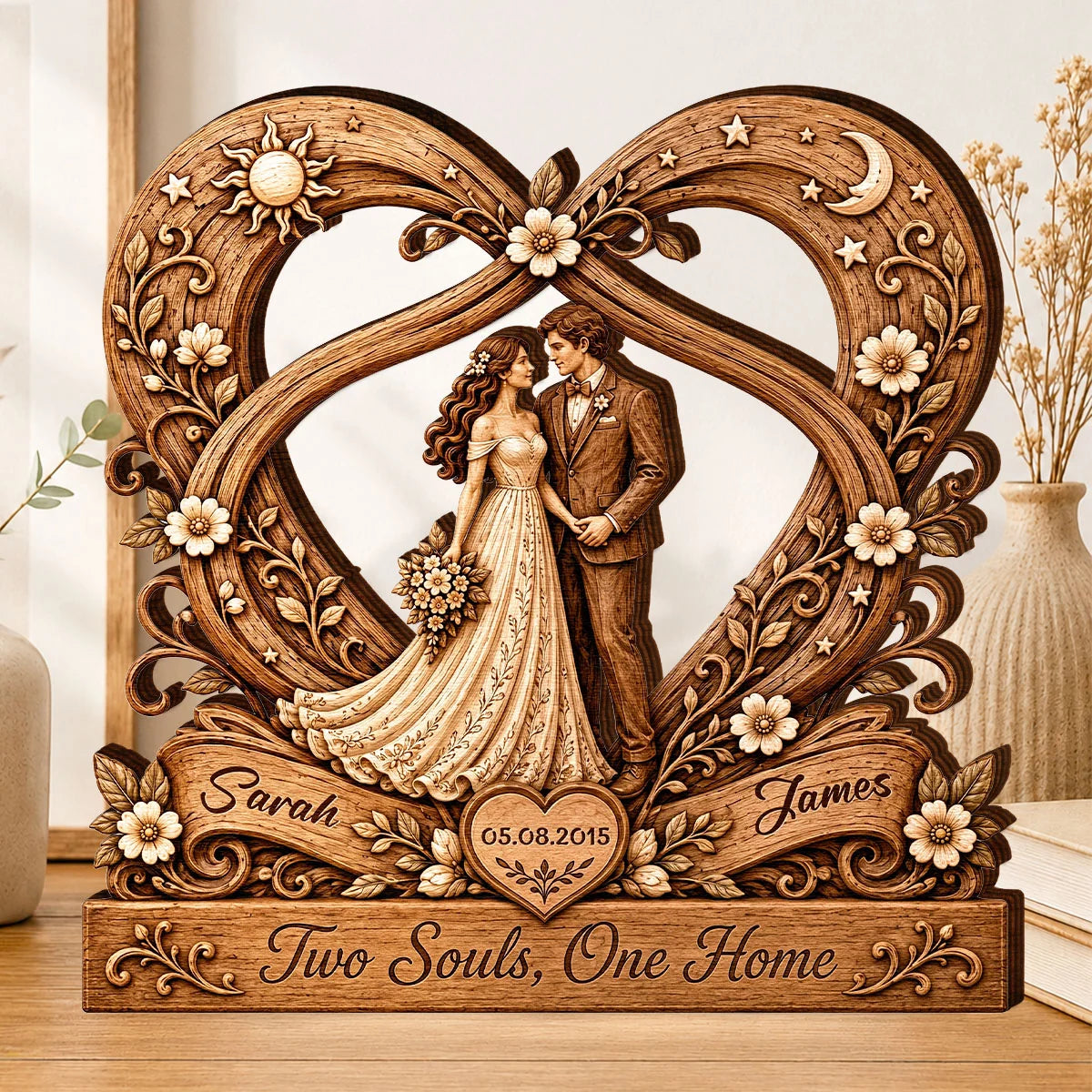 "Two Souls One Home" Personalized Couples Wooden Block - Custom Heart Anniversary Keepsake Gift for Wife Husband