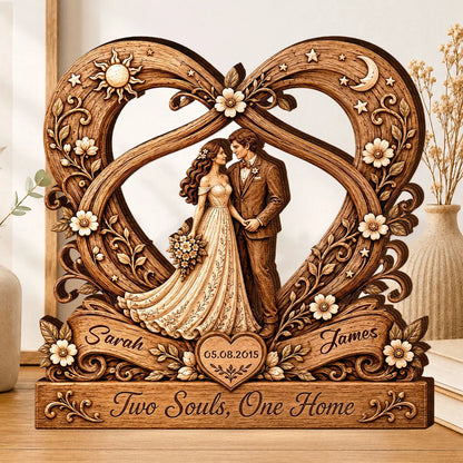 "Two Souls One Home" Personalized Couples Wooden Block - Custom Heart Anniversary Keepsake Gift for Wife Husband