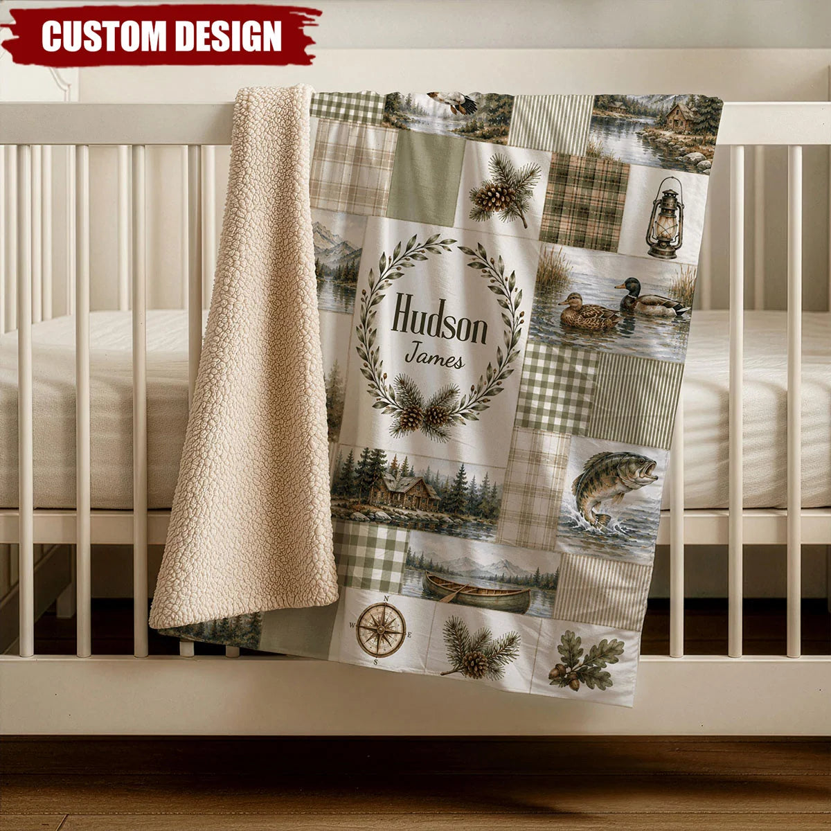 Rustic Cabin Woodland Personalized Hunting Fishing Blanket - Decor Keepsake Gift for Baby Boy Nursery