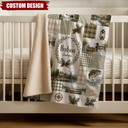 Rustic Cabin Woodland Personalized Hunting Fishing Blanket - Decor Keepsake Gift for Baby Boy Nursery
