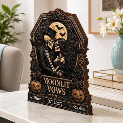 Moonlit Vows Skeleton Couple Personalized Wooden Block - Custom Halloween Wedding Anniversary Gift