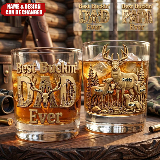 Personalized Hunting Dad Whiskey Glass for Dad with personalized design details for meaningful gifting