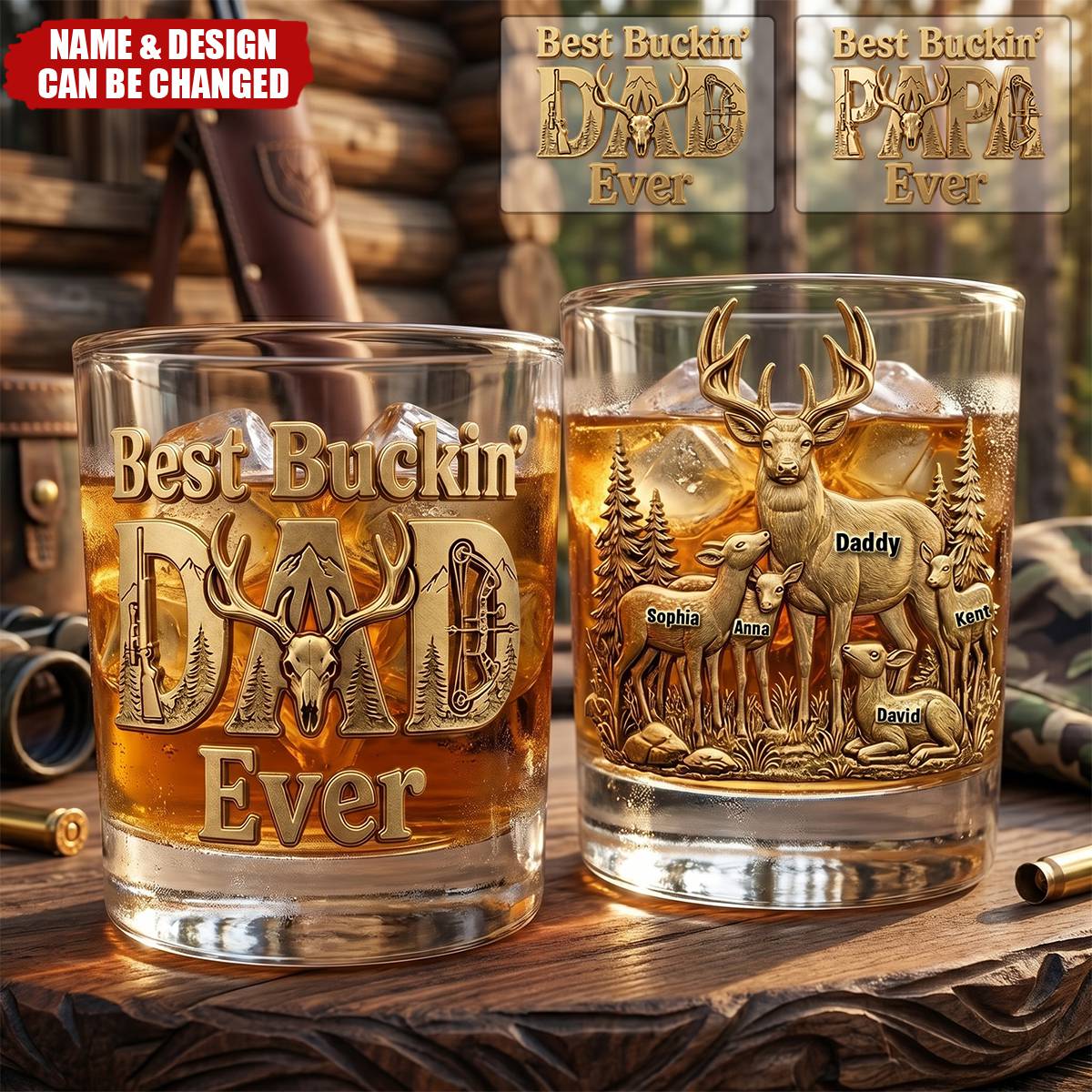 Personalized Hunting Dad Whiskey Glass for Dad with personalized design details for meaningful gifting