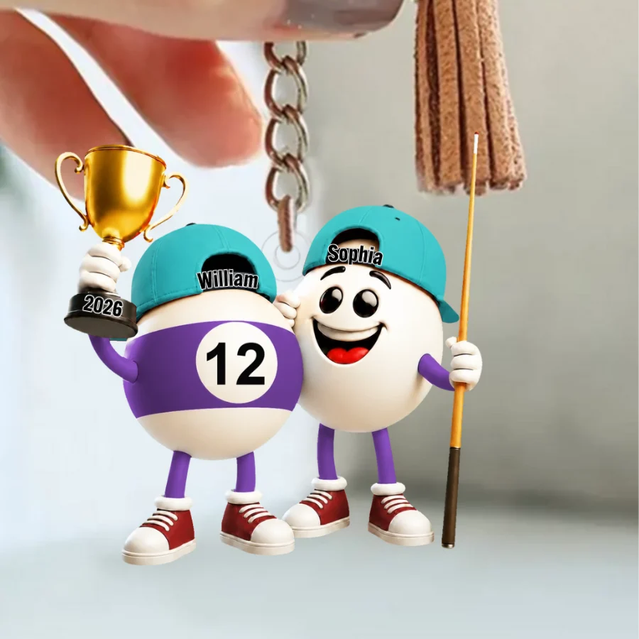 Personalized Billiard Couple Keychain - Custom Name Pool Player Keepsake Gift for Couples