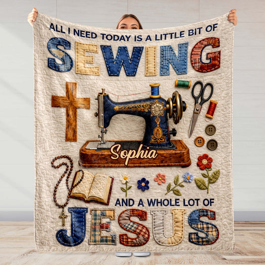 Personalized sewing and Jesus blanket featuring a vintage sewing machine, cross, and custom name for craft lovers