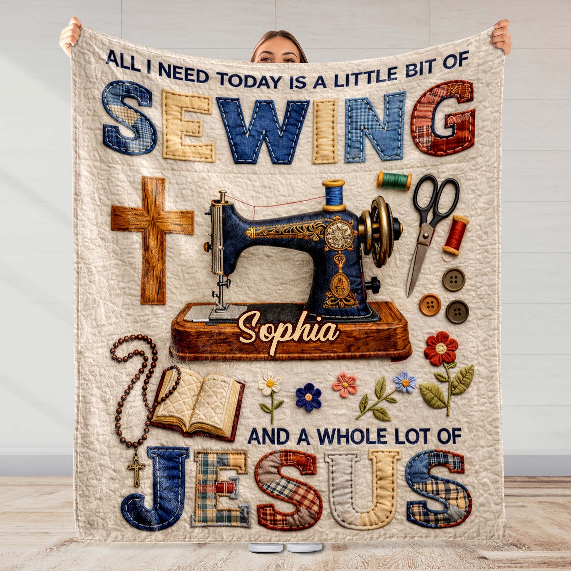 Personalized sewing and Jesus blanket featuring a vintage sewing machine, cross, and custom name for craft lovers