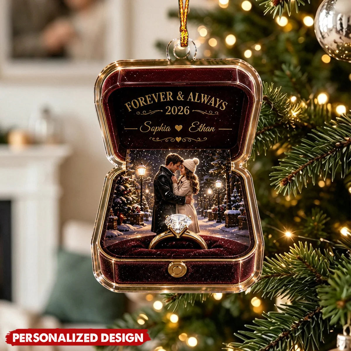 "Forever & Always" Personalized Ring Box Acrylic Ornament - Custom Couple Engagement & Wedding Christmas Keepsake