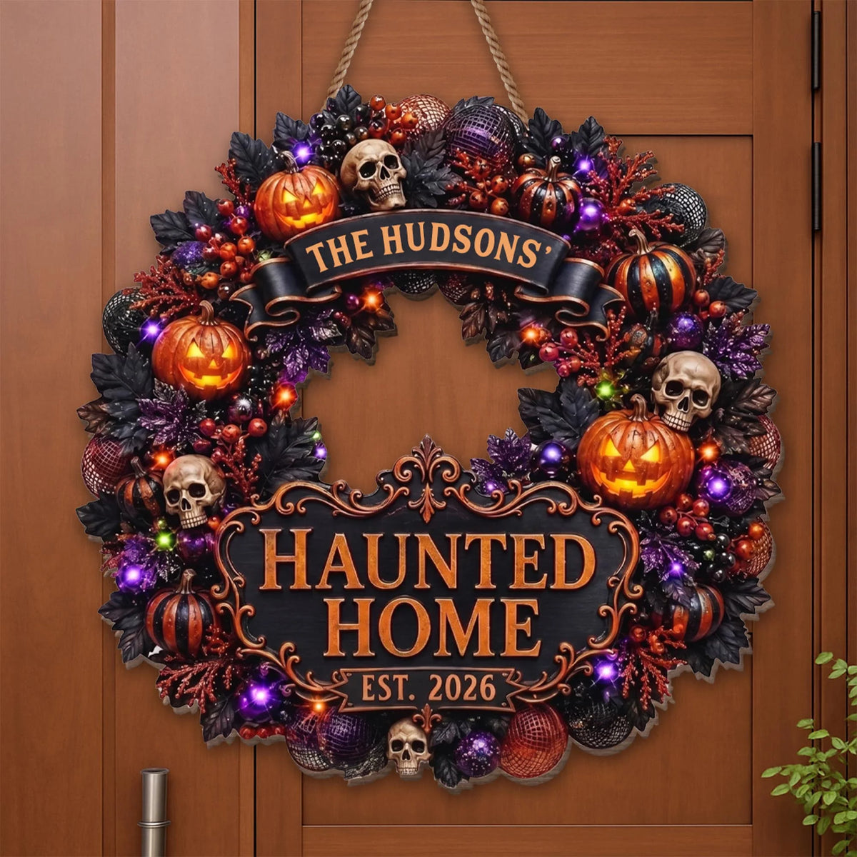 Haunted Home Personalized Halloween Wood Sign - Custom Wreath Decor for Family Front Porch