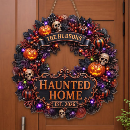 Haunted Home Personalized Halloween Wood Sign - Custom Wreath Decor for Family Front Porch