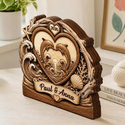 Two Dolphins Endless Love Personalized Wooden Block - Custom Anniversary Gift for Couples