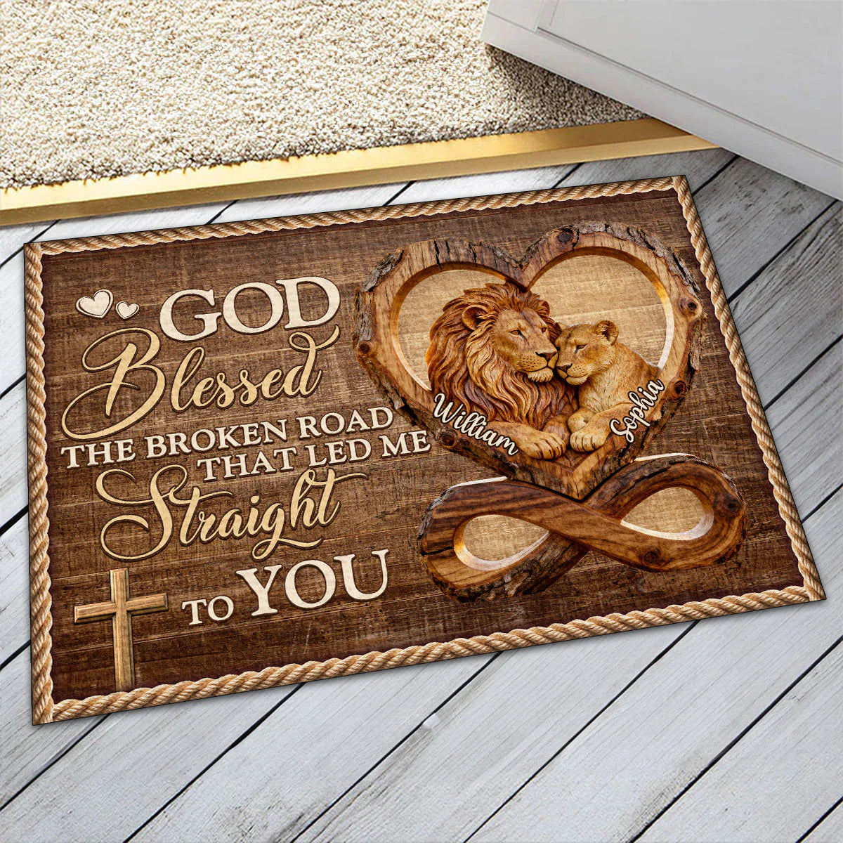 Personalized doormat with God Blessed The Broken Road quote and custom lion couple design image 6