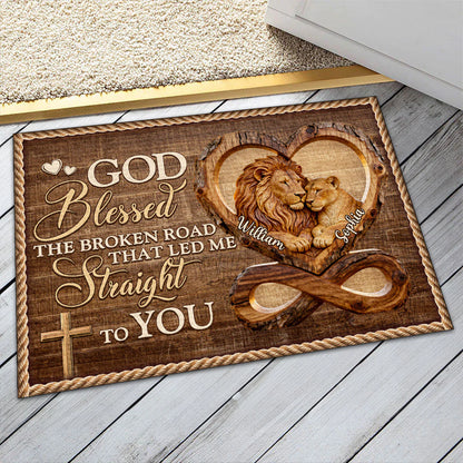Personalized doormat with God Blessed The Broken Road quote and custom lion couple design image 6